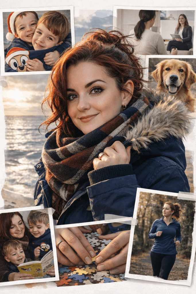 A woman with red hair wearing a blue jacket and a scarf smiles at the camera, surrounded by collaged photos of her children, a golden retriever, and her engaging in various activities like reading and jogging.