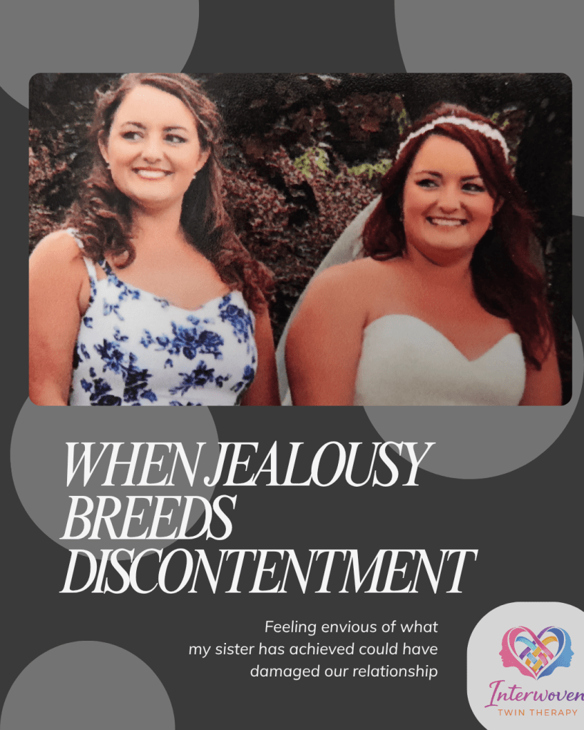 Two women smiling together, one in a floral dress and the other in a wedding gown, with text overlay discussing jealousy and relationships.